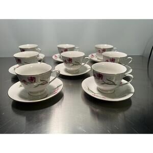 Vintage Bone China Teacups & Saucers Set/8 Pink Roses Tulips Gold Trim Chinese
